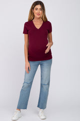 Burgundy V-Neck Short Sleeve Maternity Top