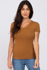 Camel V-Neck Short Sleeve Top