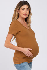 Camel V-Neck Short Sleeve Maternity Top