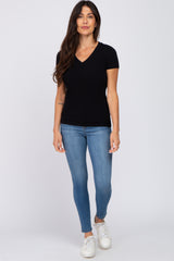 Black V-Neck Short Sleeve Top