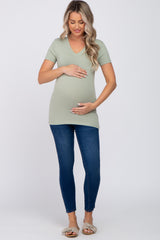 Light Olive V-Neck Short Sleeve Maternity Top