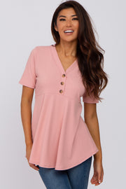 Pink Ribbed Button Accent Blouse