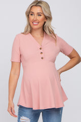 Pink Ribbed Button Accent Maternity Blouse