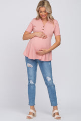 Pink Ribbed Button Accent Maternity Blouse