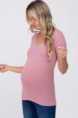 Mauve V-Neck Short Sleeve Maternity Top