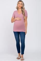 Mauve V-Neck Short Sleeve Maternity Top