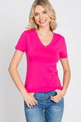 Fuchsia V-Neck Short Sleeve Top