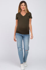 Olive V-Neck Short Sleeve Maternity Top