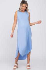 Blue Sleeveless Round Hem Maternity Maxi Dress