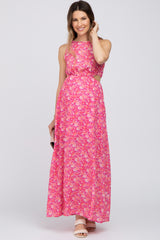 Coral Floral Side Cutout Back Tie Maternity Midi Dress