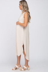 Beige Sleeveless Round Hem Maternity Maxi Dress