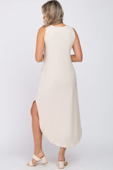 Beige Sleeveless Round Hem Maternity Maxi Dress