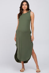 Olive Sleeveless Round Hem Maternity Maxi Dress