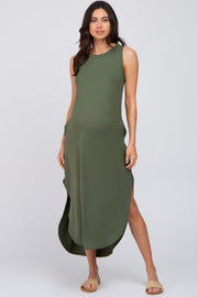 Olive Sleeveless Round Hem Maternity Maxi Dress