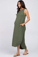 Olive Sleeveless Round Hem Maternity Maxi Dress