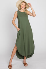 Olive Sleeveless Round Hem Maternity Maxi Dress