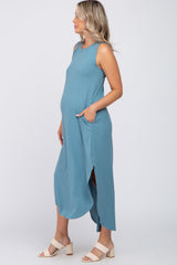 Teal Sleeveless Round Hem Maternity Maxi Dress