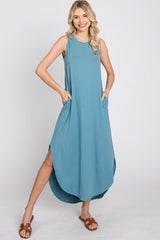 Teal Sleeveless Round Hem Maxi Dress