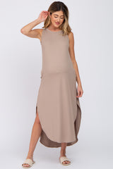 Taupe Sleeveless Round Hem Maternity Maxi Dress