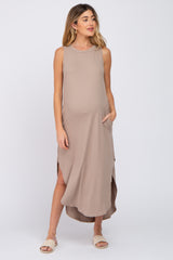 Taupe Sleeveless Round Hem Maternity Maxi Dress