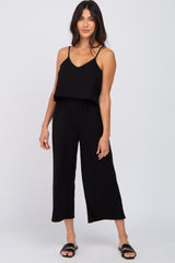 Black Ribbed Double Layer Cropped Jumpsuit