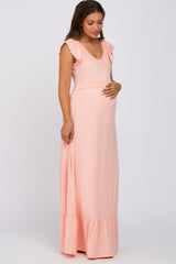 Peach Off Shoulder Tie Back Maternity Maxi Dress