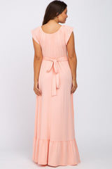 Peach Off Shoulder Tie Back Maternity Maxi Dress