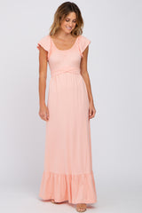 Peach Off Shoulder Tie Back Maternity Maxi Dress