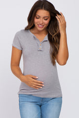 Heather Grey Ribbed Button Front Maternity Top