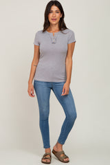 Heather Grey Ribbed Button Front Top