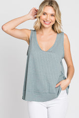 Slate Blue Ribbed Raw Hem Tank Top