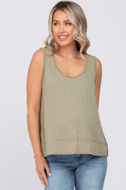 Olive Ribbed Raw Hem Maternity Tank Top