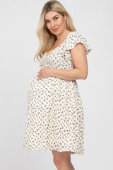 Ivory Floral Sweetheart Flounce Sleeve Maternity Dress