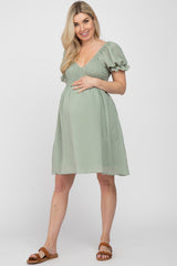 Light Olive Smocked Puff Sleeve Maternity Dress