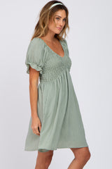 Light Olive Smocked Puff Sleeve Dress