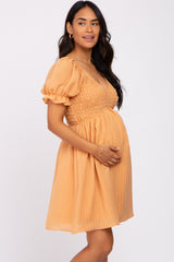 Peach Smocked Puff Sleeve Maternity Dress