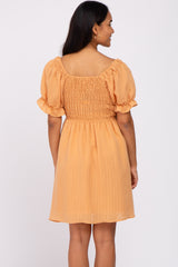 Peach Smocked Puff Sleeve Maternity Dress