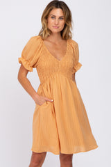 Peach Smocked Puff Sleeve Maternity Dress