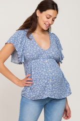 Blue Floral Ruffle Maternity Blouse