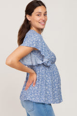 Blue Floral Ruffle Maternity Blouse