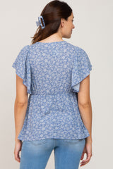 Blue Floral Ruffle Maternity Blouse