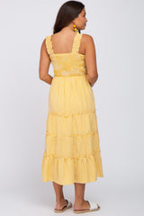 Yellow Gingham Smocked Tiered Maternity Midi Dress