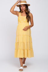 Yellow Gingham Smocked Tiered Maternity Midi Dress