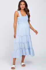 Blue Gingham Smocked Tiered Maternity Midi Dress