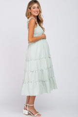 Mint Green Gingham Smocked Tiered Maternity Midi Dress