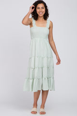 Mint Green Gingham Smocked Tiered Maternity Midi Dress