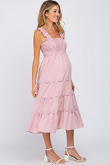 Pink Gingham Smocked Tiered Maternity Midi Dress