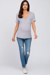 Grey Heathered Pocket Front Maternity Top