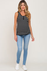 Black Striped Button Front Sleeveless Maternity Top