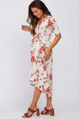 Cream Floral Draped Hi-Low Maternity Dress